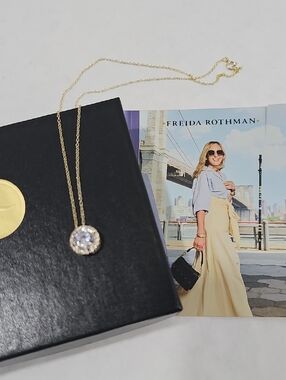 Freida Rothman Gold Tone Crystal Halo Pendant Necklace #38
